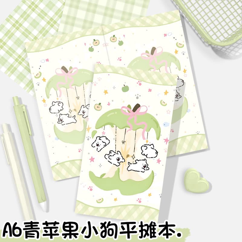 New Green Apple Puppy A6 Journal Color Pages Flat-Lay Cartoon Notebook Thick Diary Notebook