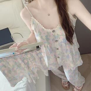 Summer High-Quality Built-in Padded Cloud Cotton Camisole, Monet Garden Print, Three-Piece Loungewear Set with Shorts and Pants