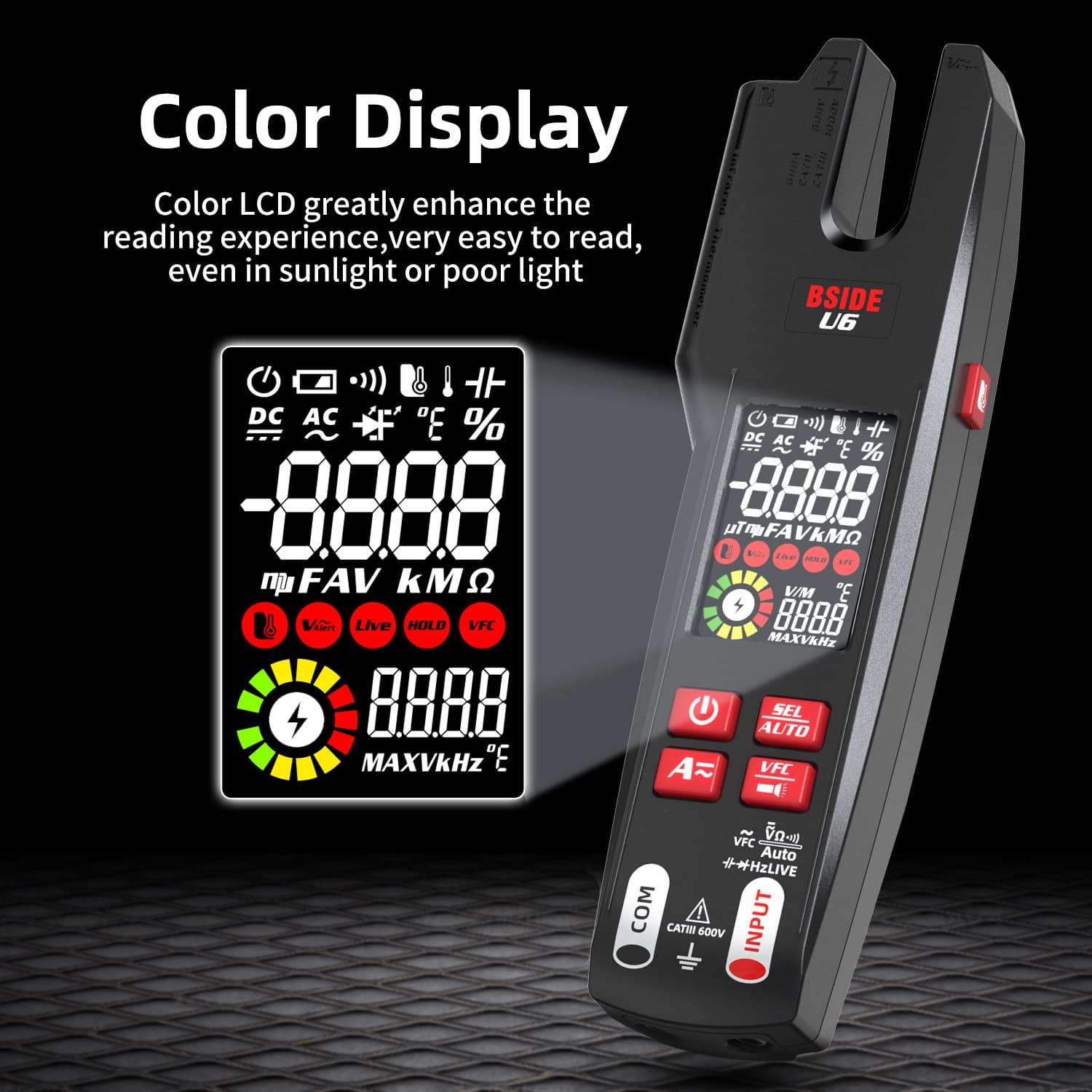 BSIDE Clamp Meter U6X Current Meter U-shaped Infrared Thermometer Multimeter AC/DC Clamp Meter 600A
