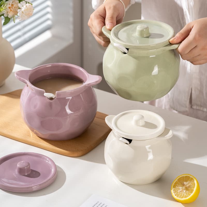 Ceramic Lard Jar with Dual Handles and Lid, High-Temperature Resistant, Large Capacity Kitchen Salt Jar, Sugar Jar, Seasoning Jar, Chili Oil Jar