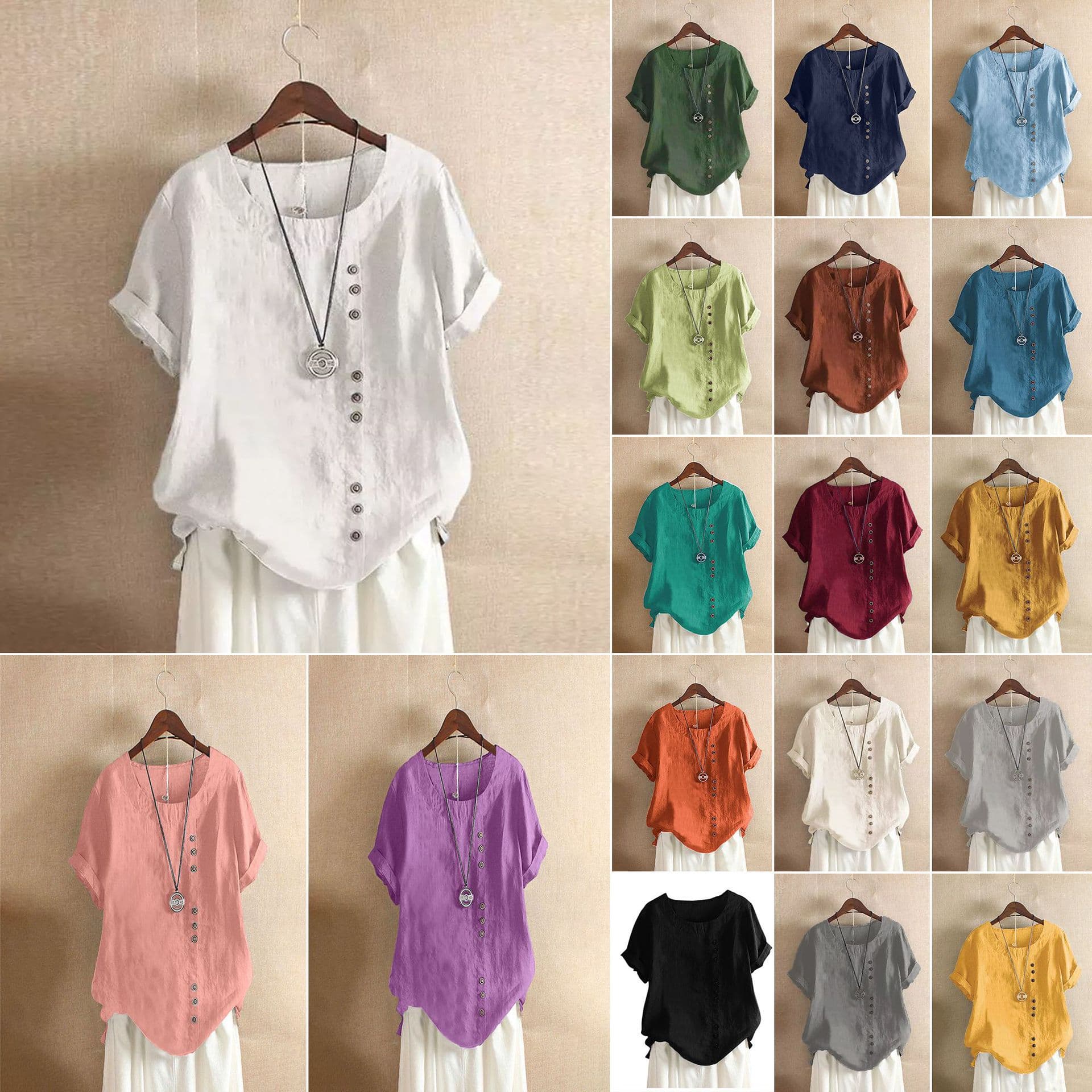 Women's Cotton Linen Top Plus Size Casual Loose Cotton Linen T-Shirt Women's Clothing Plus Size AMZ Bestseller