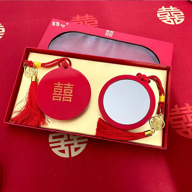 Wedding Gift Box Mirror Bride Waist Mirror Dowry Pair Red Wedding Preparation Small Wooden Mirror Bride's Dowry Waist Mirror