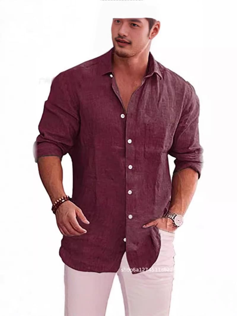 2025 Amazon Export Loose Fit Solid Color Linen Turn-down Collar Long Sleeve Casual Shirt for Men