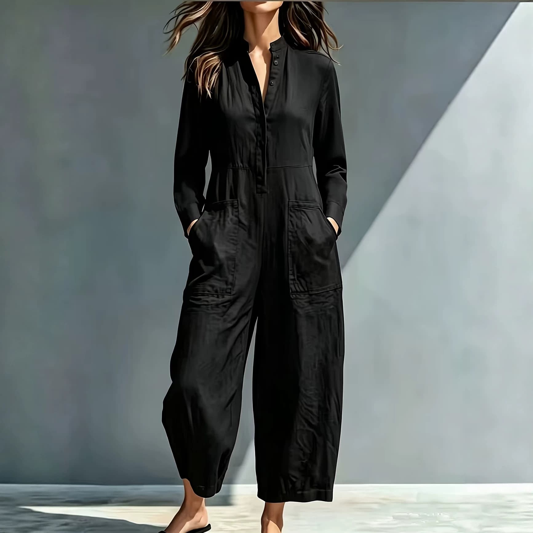 2026 European and American autumn and winter new women's jumpsuits casual long-sleeved simple solid color stand-up collar buttoned long-sleeved jumpsuits