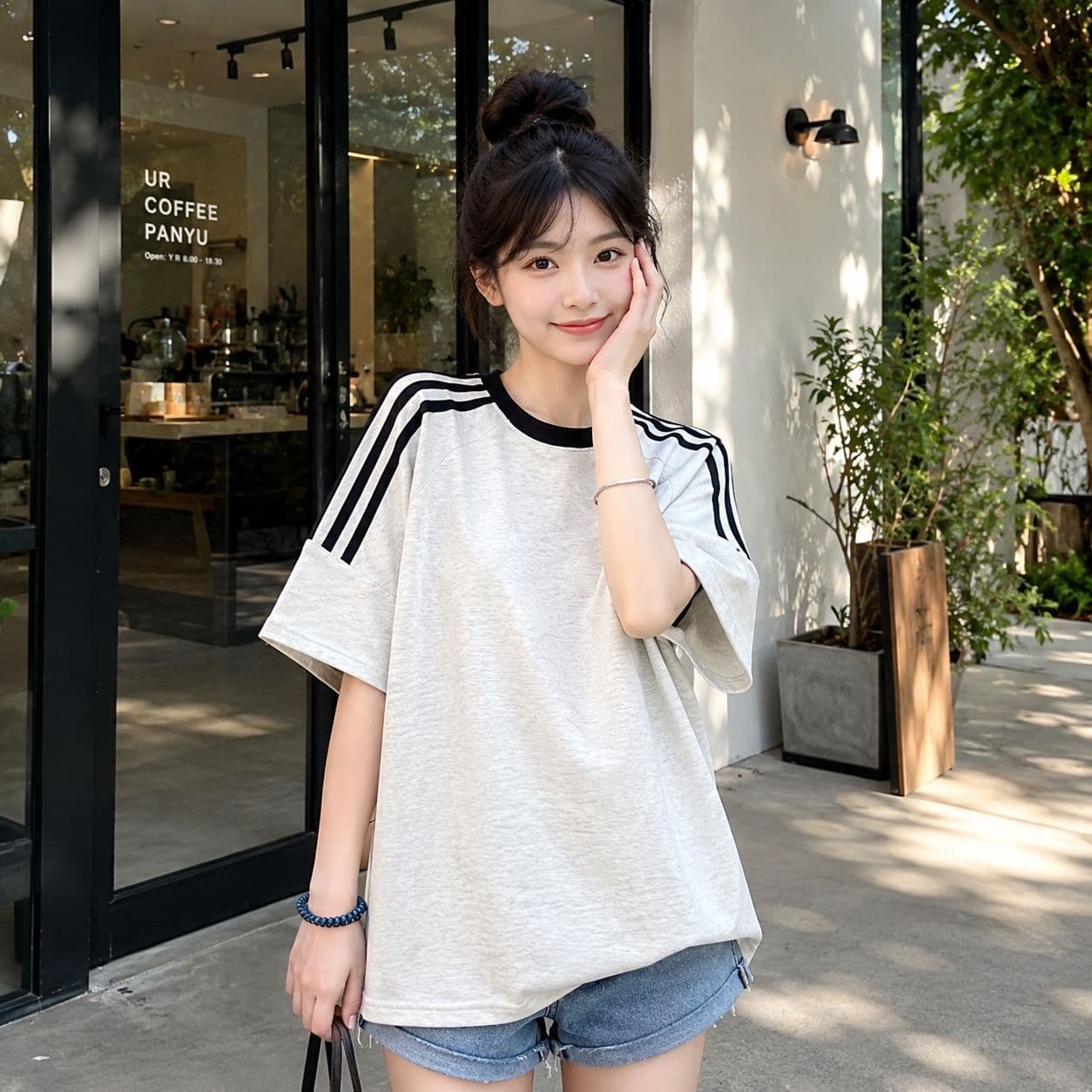 American Style Pure Cotton Short Sleeve T-Shirt for Women with Three Stripes, Round Neck Couple Top, Heavyweight Loose Casual Trendy Base Layer