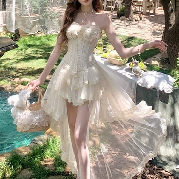 French tube top fairy dress with heavy lace front, short front and long tail, gauze skirt with a gentle and pure atmosphere