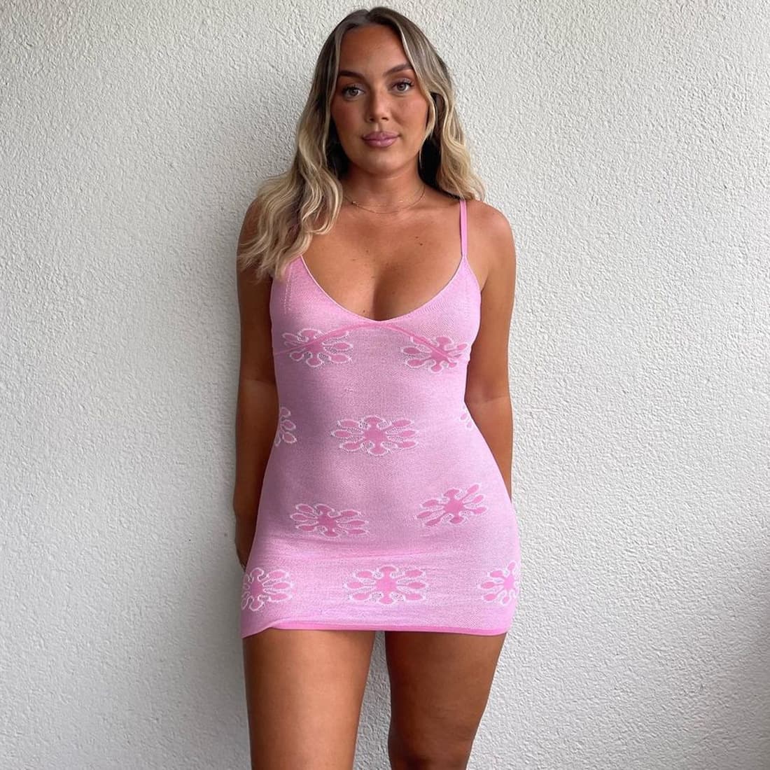 2026 Summer Women's European and American Sexy Hot Girls Knitted Jacquard Vacation Slim Fit Hip-covering See-through Suspender Dress