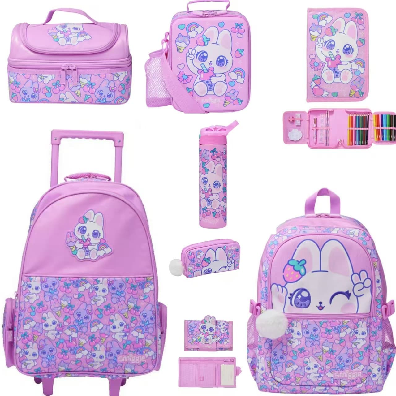 Australian smiggle schoolbags, primary school students' burden-reducing backpacks, children's leisure bags, pink and white cute rabbit milk tea set series