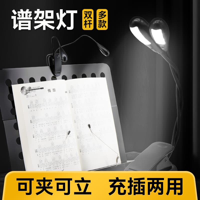 Rechargeable Music Stand LED Light, USB Clip-On Sheet Music Lamp, Dual-Head Adjustable Piano Light for Guitar, Erhu, and Other Instruments
