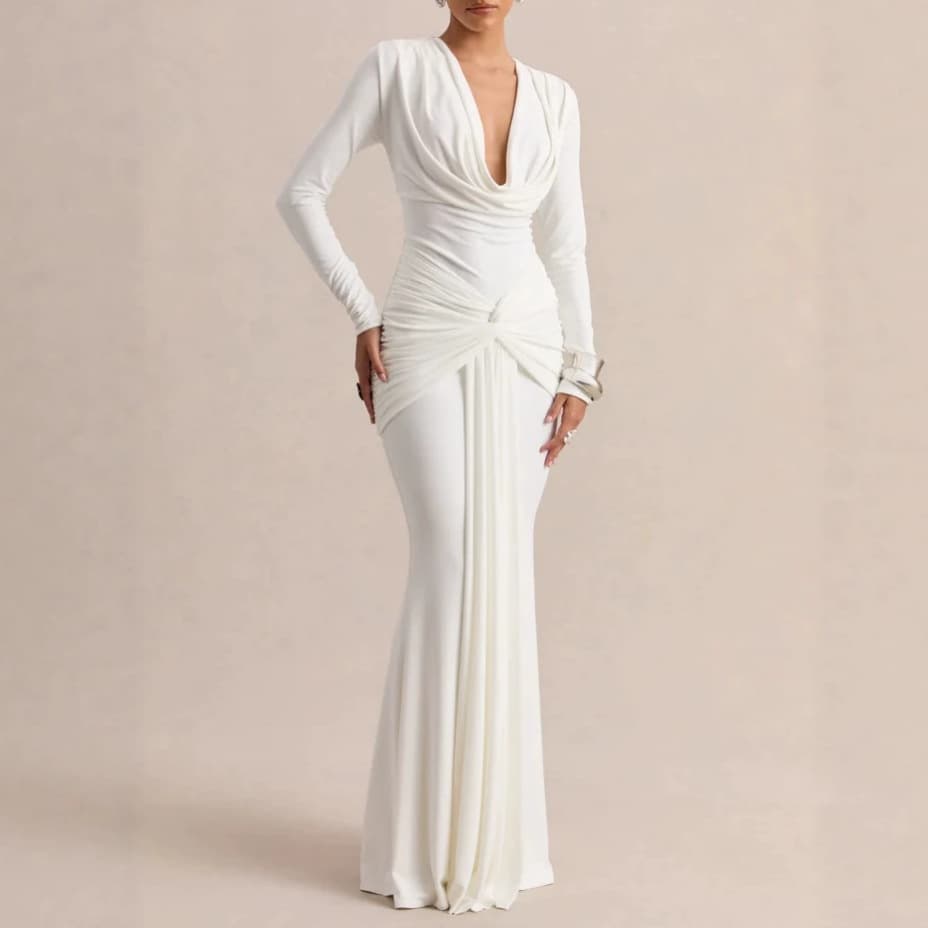 2026 new women's clothing European and American Amazon cross-border foreign trade swing collar long-sleeved waist-covering hip pure white dress