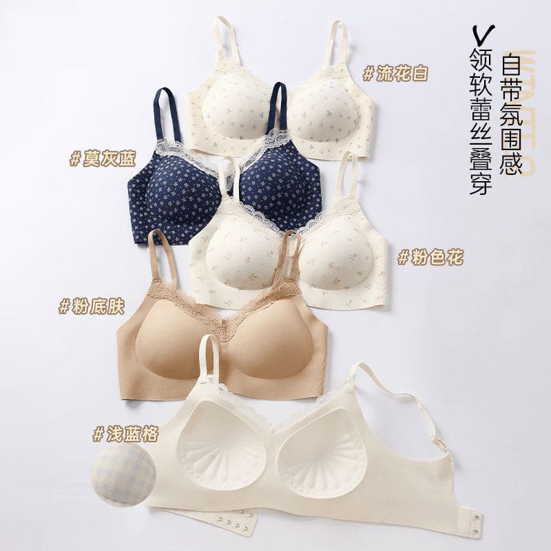 Floral Lace Ins Style Lifting Bra 10A Antibacterial Latex Pads Soft Skin-Friendly Women's Comfortable Push-Up Seamless Underwear