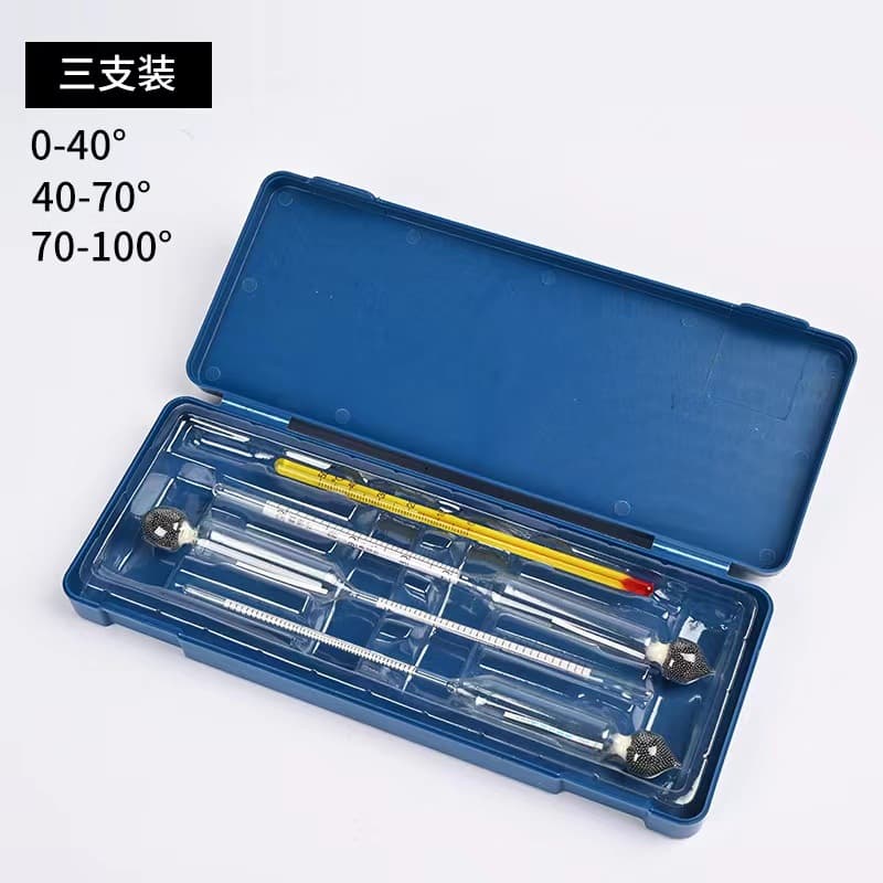 A 0-100 degree three-piece alcohol meter set is widely used for home brewing, alcohol concentration measurement, and baijiu (Chinese liquor).