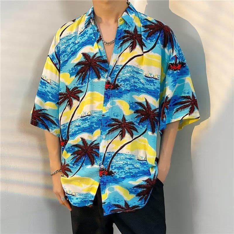 Men's Cotton Short Sleeve Shirt Summer Thin Breathable Hawaiian Beach Shirt Stylish Oversized Loose Fit Jacket Trendy