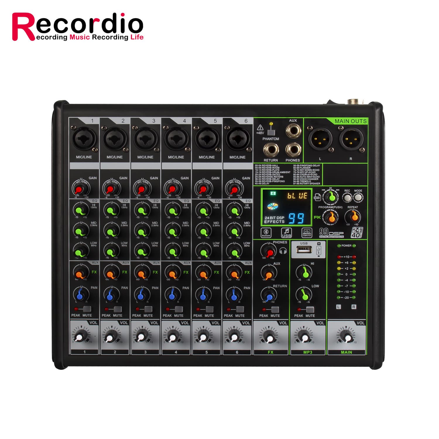6-Channel Mixer, Computer Plug-and-Play, Live Streaming, Home, Stage, Bluetooth, USB DJ Mixer