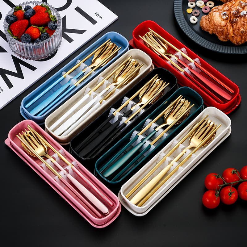 3-piece Stainless Steel Portable Dining Set Korean Style Spoon Fork Chopsticks Cover Outdoor Travel Set Students