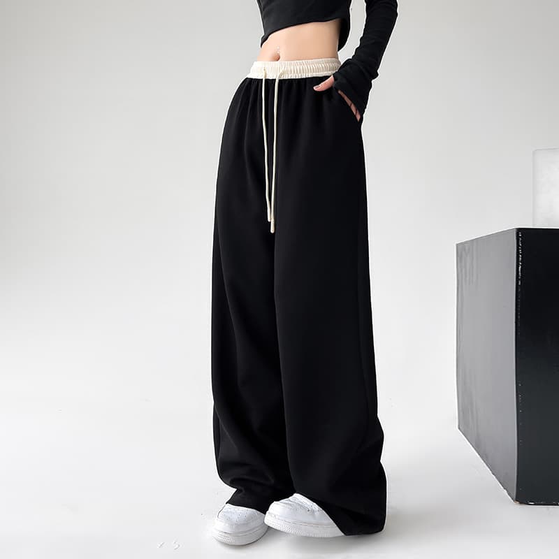 Two-tone Waist Air Layer Wide-leg Pants Spring Autumn Women New Slim High-waist Draped Floor-length Loose Straight Casual Pants