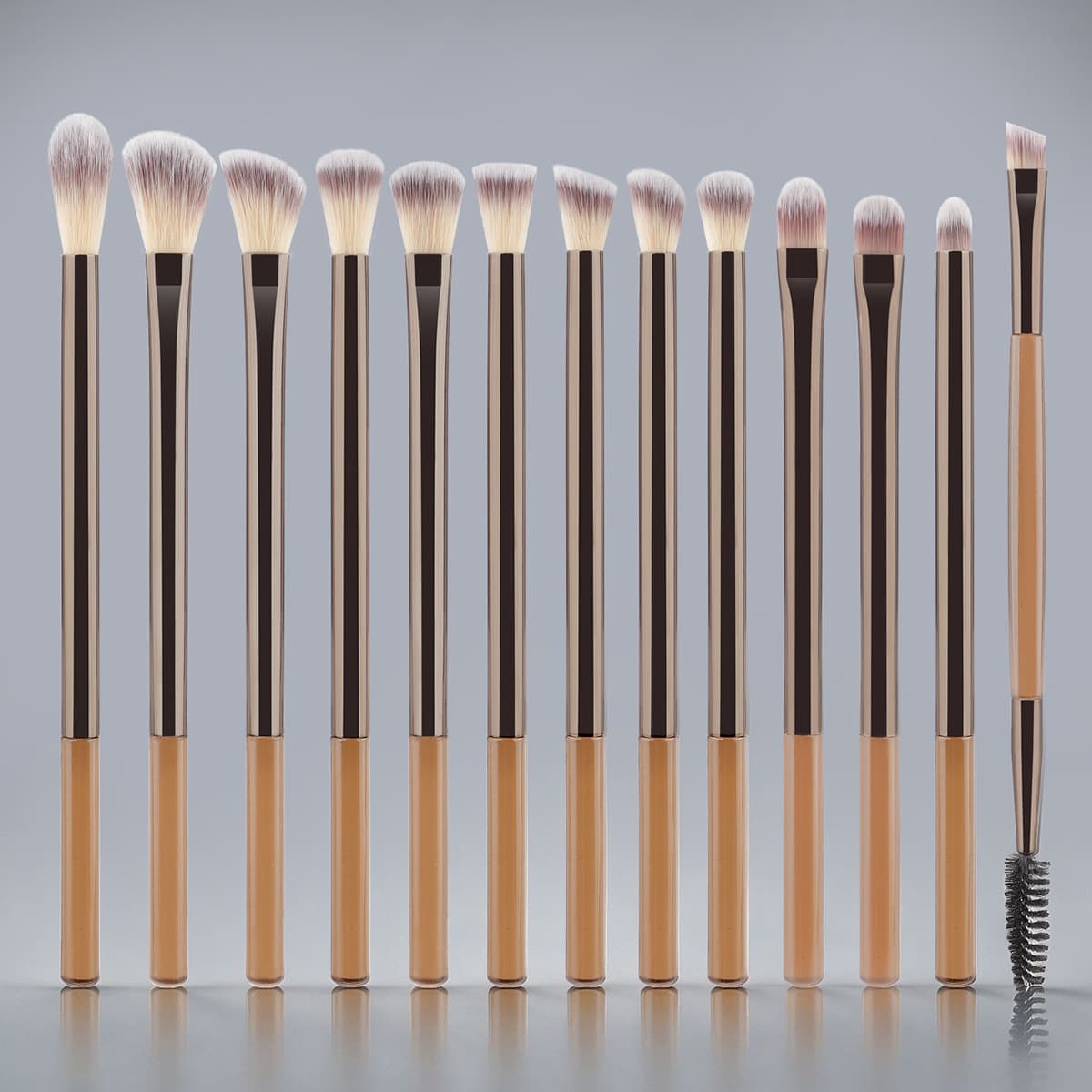 13-Piece Long-Handle Makeup Brush Set, Coffee Color, Eye Brushes, Three-Color Hair Eyeshadow Brush, Eyebrow Brush, Blending Brush, Nose Contour Brush, Eyelash Brush