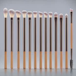 13-Piece Long-Handled Makeup Brush Set, Coffee Color Eye Brush Set, Tri-Color Bristle Eyeshadow Brush, Eyebrow Brush, Blending Brush, Nose Shadow Brush, Eyelash Brush
