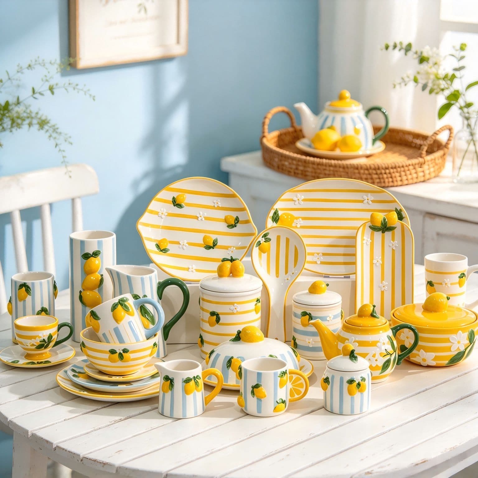 Handmade Embossed Lemon Striped Ceramic Tableware Food-Grade Underglaze Color 3D Hand-Painted Plate and Bowl Set for Home Cross-Border
