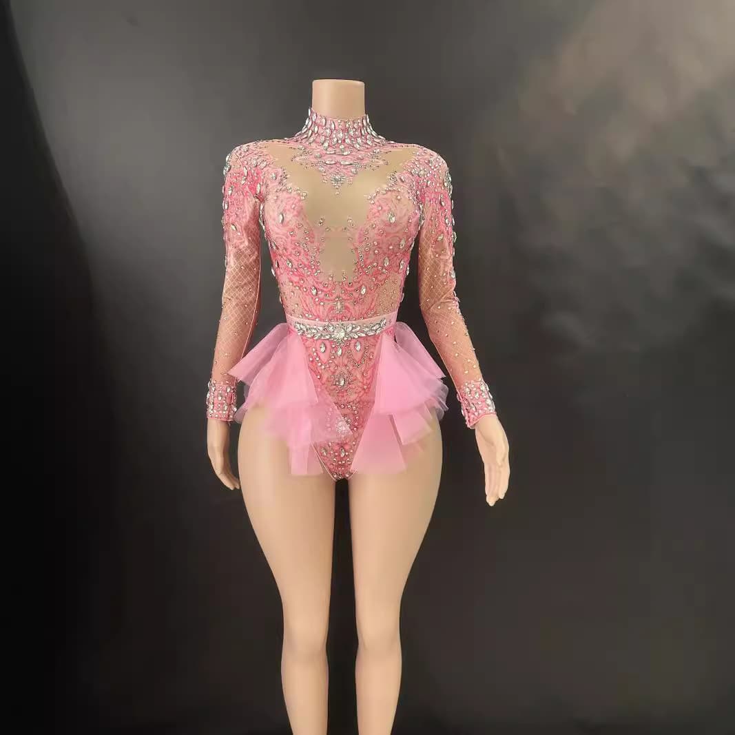 GC Singer Dance Rhinestone Slimming Pink Mesh Jumpsuit Stage Performance Costume Women 2024 New Style