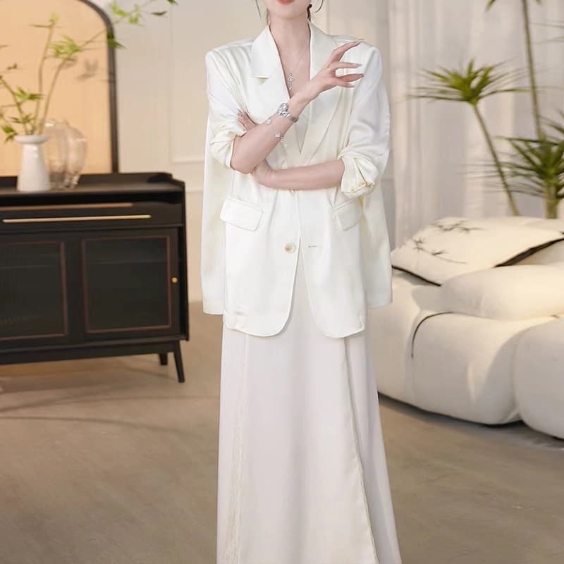 Summer plus size Acetic Acid Imitation Satin Suit Slip Skirt suit Women's Loose Thin Suit Coat Chubby mmAA020