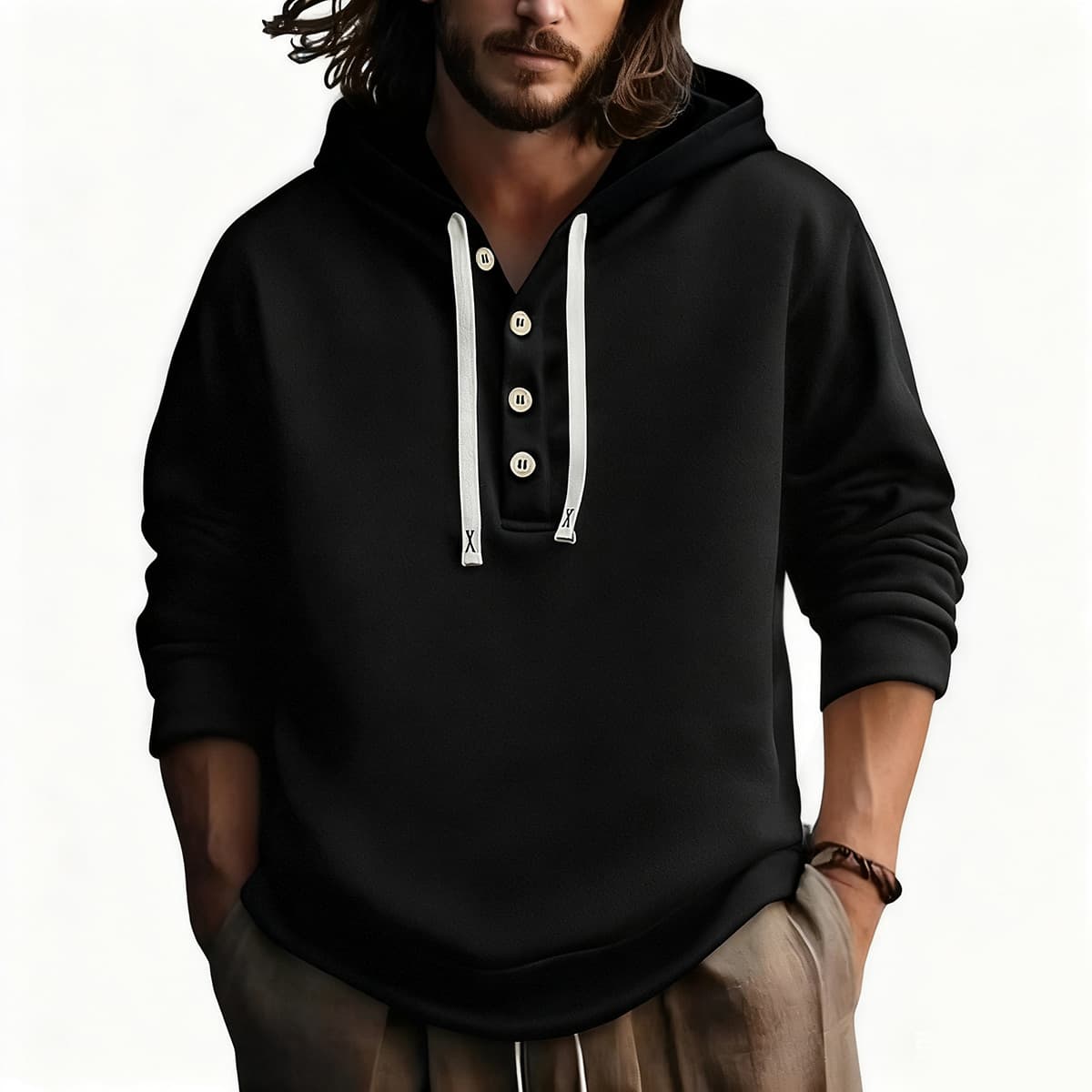Classic basic men's sweatshirt hooded button design pullover men's sports casual sweatshirt jacket European size