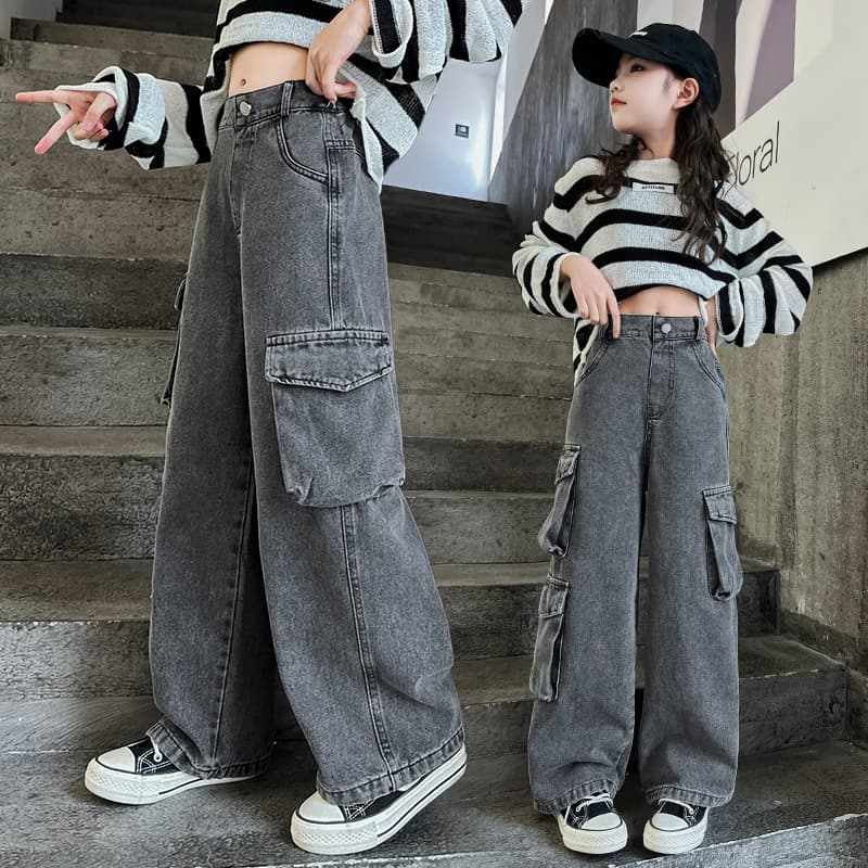 Cross-border girls' 2025 autumn denim cargo wide-leg pants, Korean style, trendy kids' pants with large pockets, wide-leg straight legs.