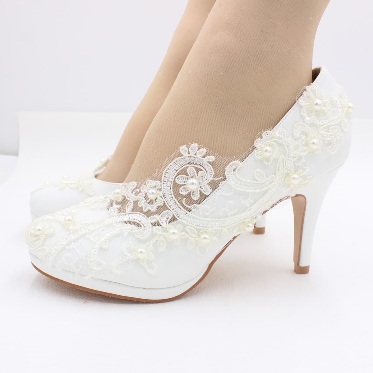 White Lace High Heels Wedding Shoes Thin Stiletto Round Toe Maternity Bride Gown Shoes BH482203 High Heel Princess Style
