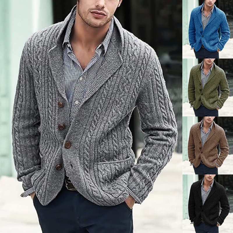 Cross-border European American Men Knitted Cardigan Autumn Winter Fashion Casual Men Cardigan Long Sleeve Lapel Pocket Cable Knit Menswear