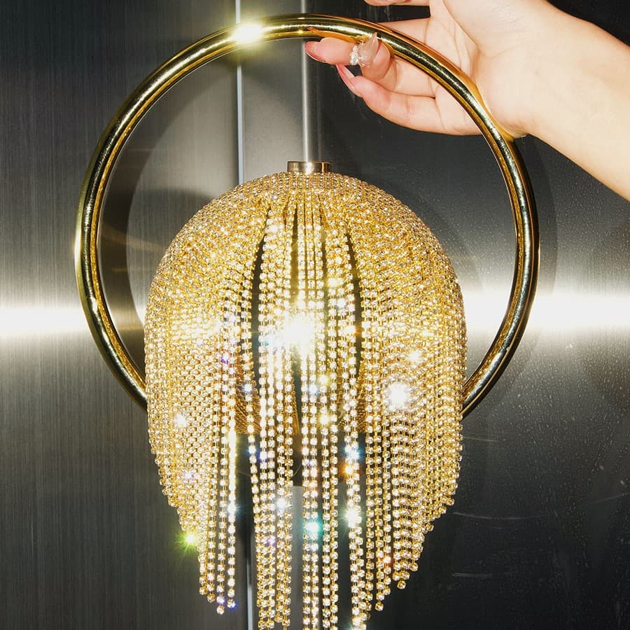 Sweet Candy Color Rhinestone Tassel Round Ball Evening Bag with Ring Handle, Glamorous Party Handbag