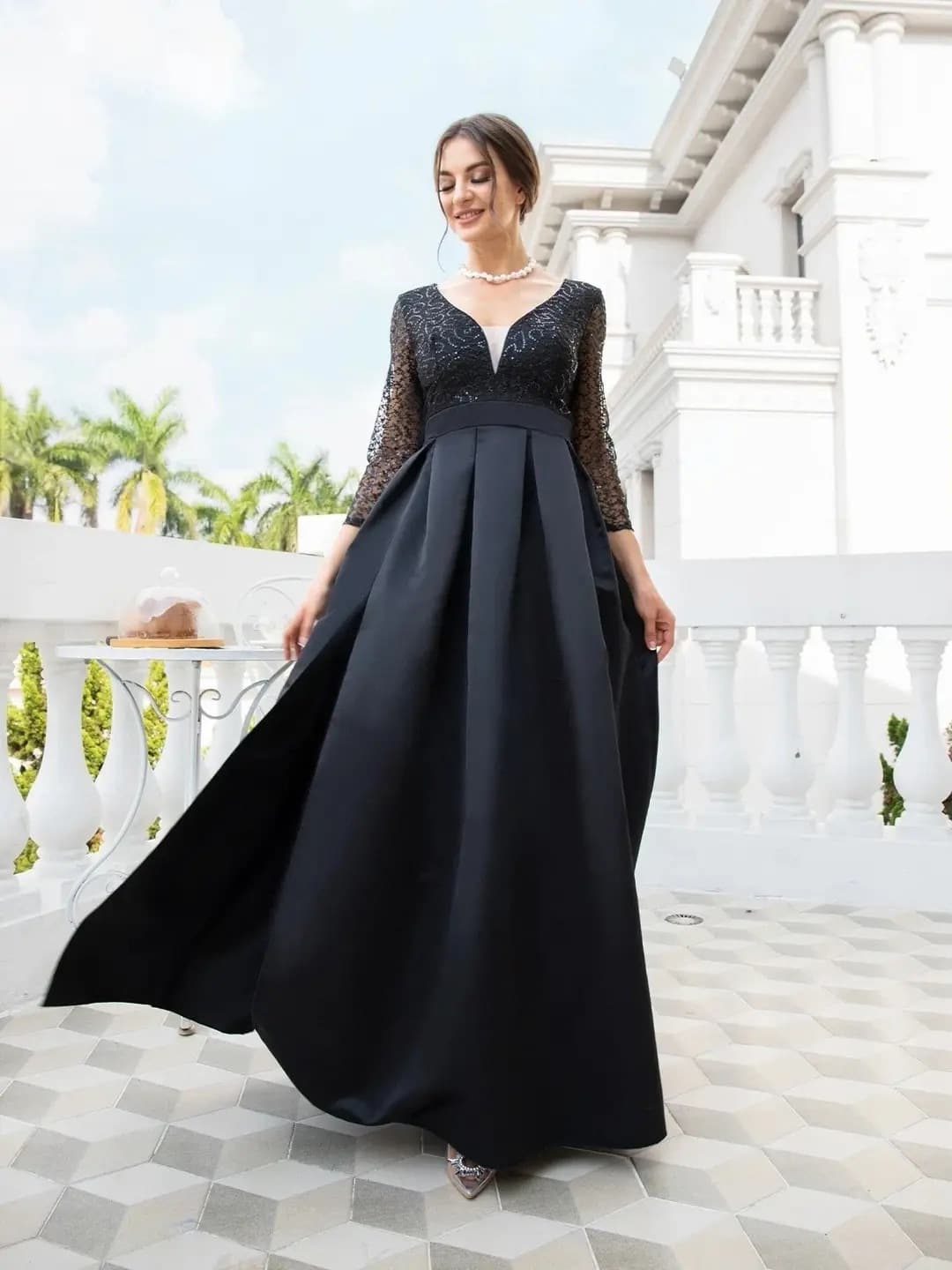 New European and American Export Women's Lace Flared Sexy Long Dress with Train for Banquet Evening Gown