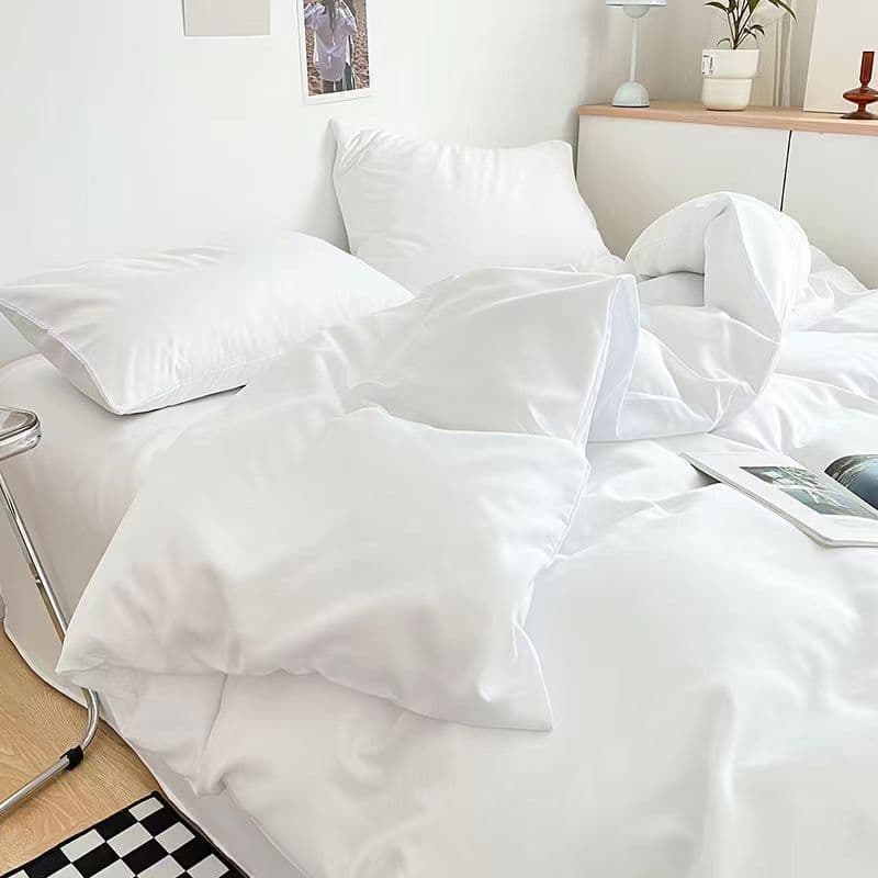 Washed Cotton Hotel Bed Sheet Set, 4-Piece and 3-Piece Bedding Sets for B&B, Dormitory Bedding, White Duvet Cover