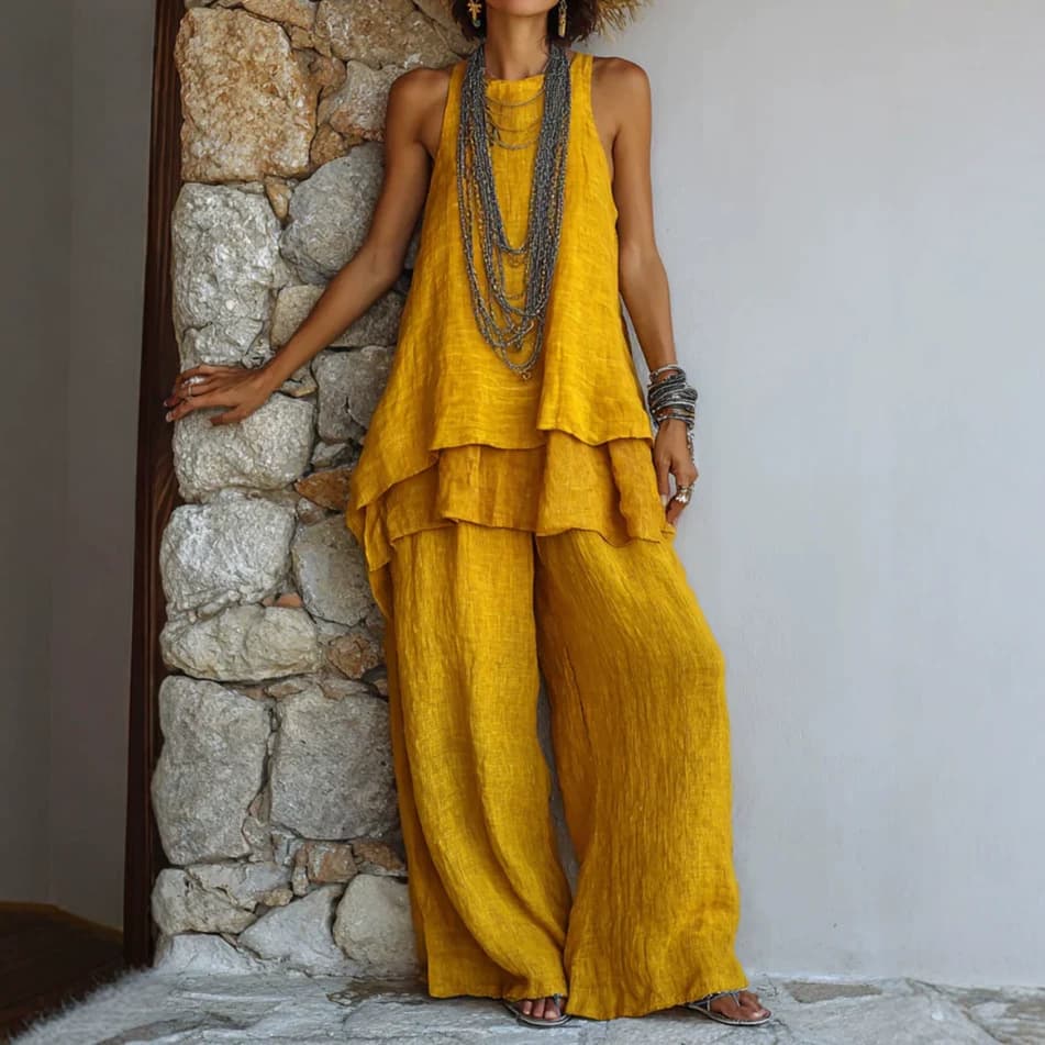 Cross-border European and American bohemian resort style layered vest high-waisted wide-leg pants cotton and linen suit vest + trousers