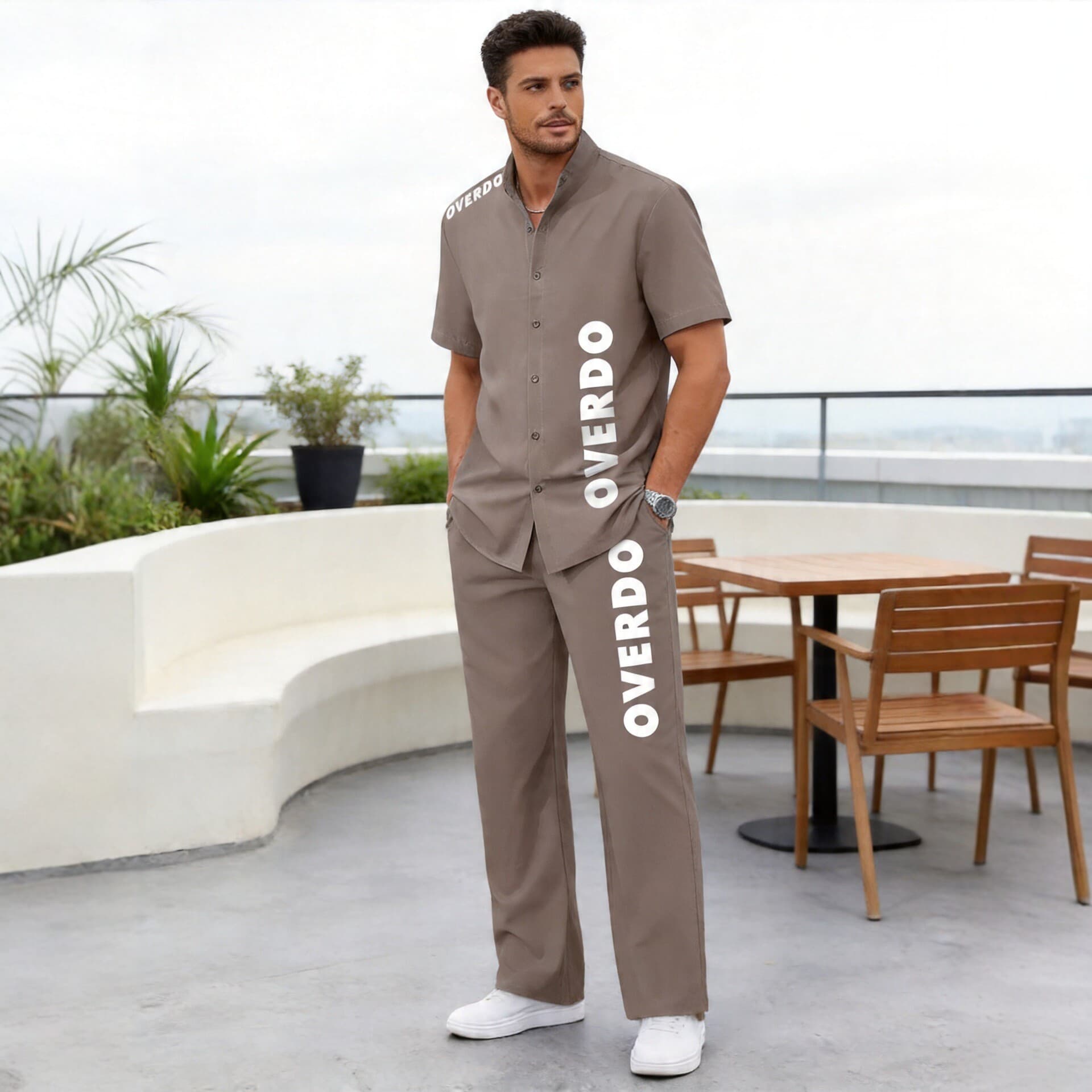 Men's short-sleeved shirts and trousers Korean style spring and autumn slim and trendy handsome youth khaki shirt casual suit