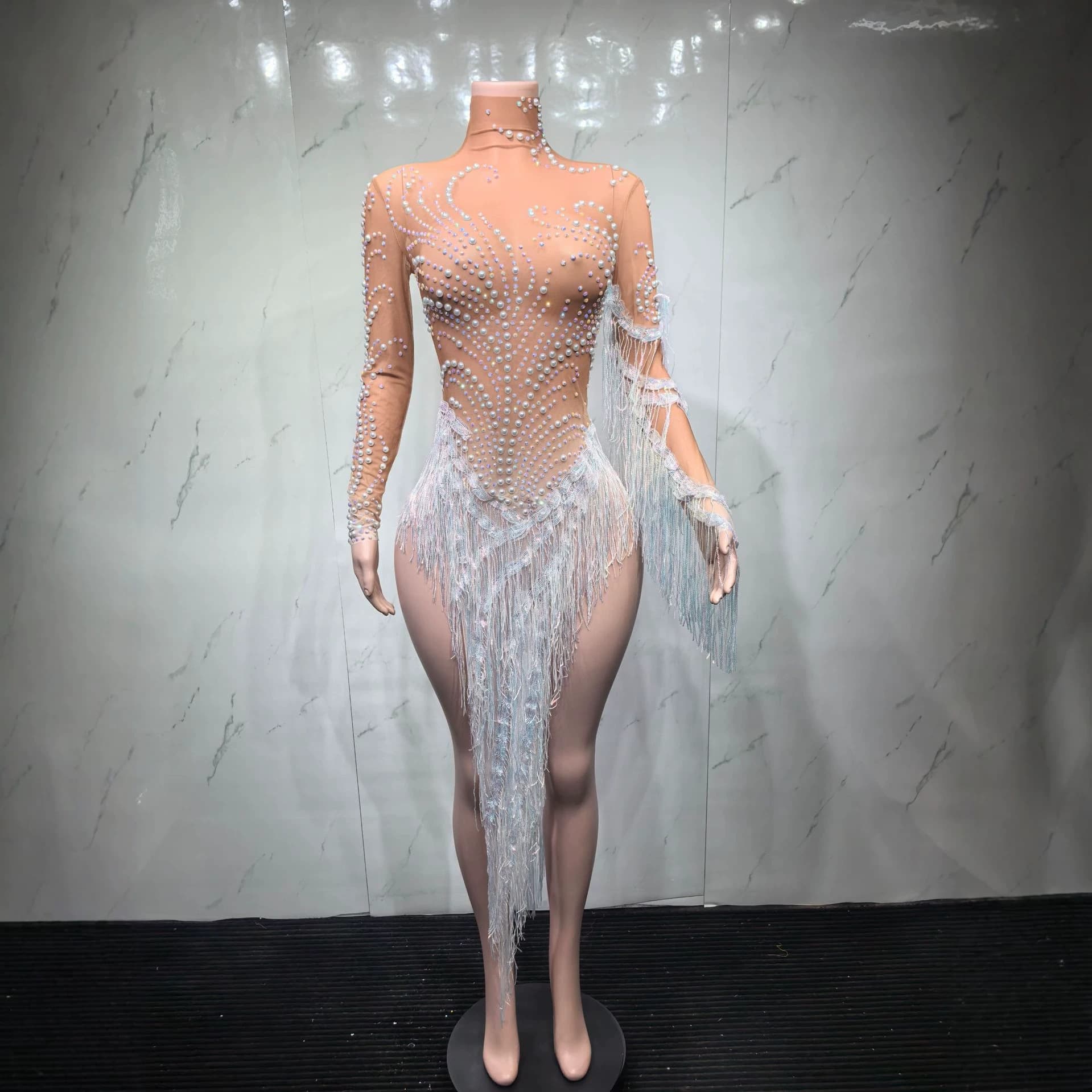 Cross-border Sexy Fitted European-American Rhinestone Fringe Mesh Stretch Latin Dance Skirt Dress Stage Performance Costume