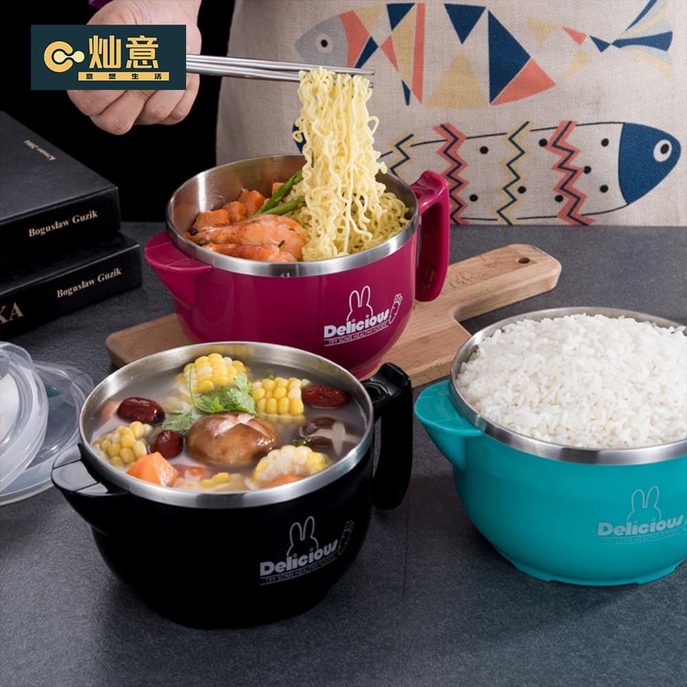 Simple 304 stainless steel instant noodle bowl, microwaveable round lunch box, double-layer insulated lunch box with lid