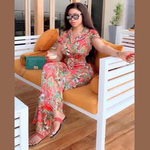 New Style European and American African Women's Two-Piece Set Milk Silk Digital Print Shirt + Stretch Wide Leg Pants