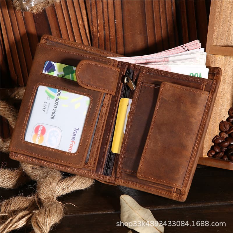 Cross-border retro genuine leather short men's wallet, multi-functional card slot, zippered coin compartment, RFID anti-theft wallet.