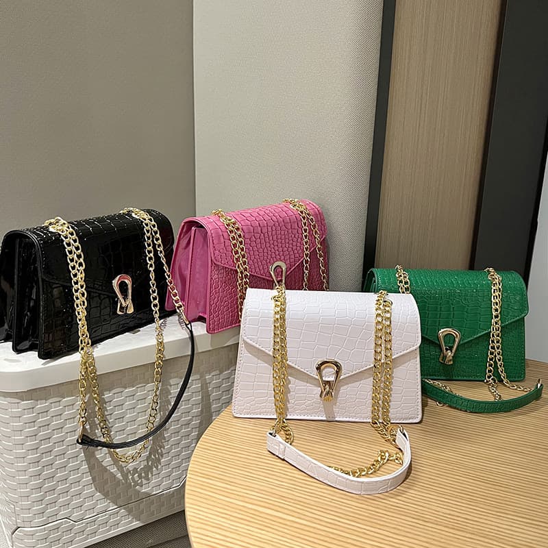Rose Red Crocodile Texture Chain Women's Bag 2023 Spring New Trendy Korean Style Shoulder Crossbody Small Square Bag