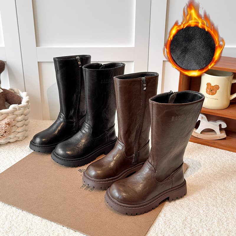 Girls' High Boots 2025 Winter New Fashion Simple Letter Leather Boots Korean Version Fleece-Lined Warm Knight Boots Trendy