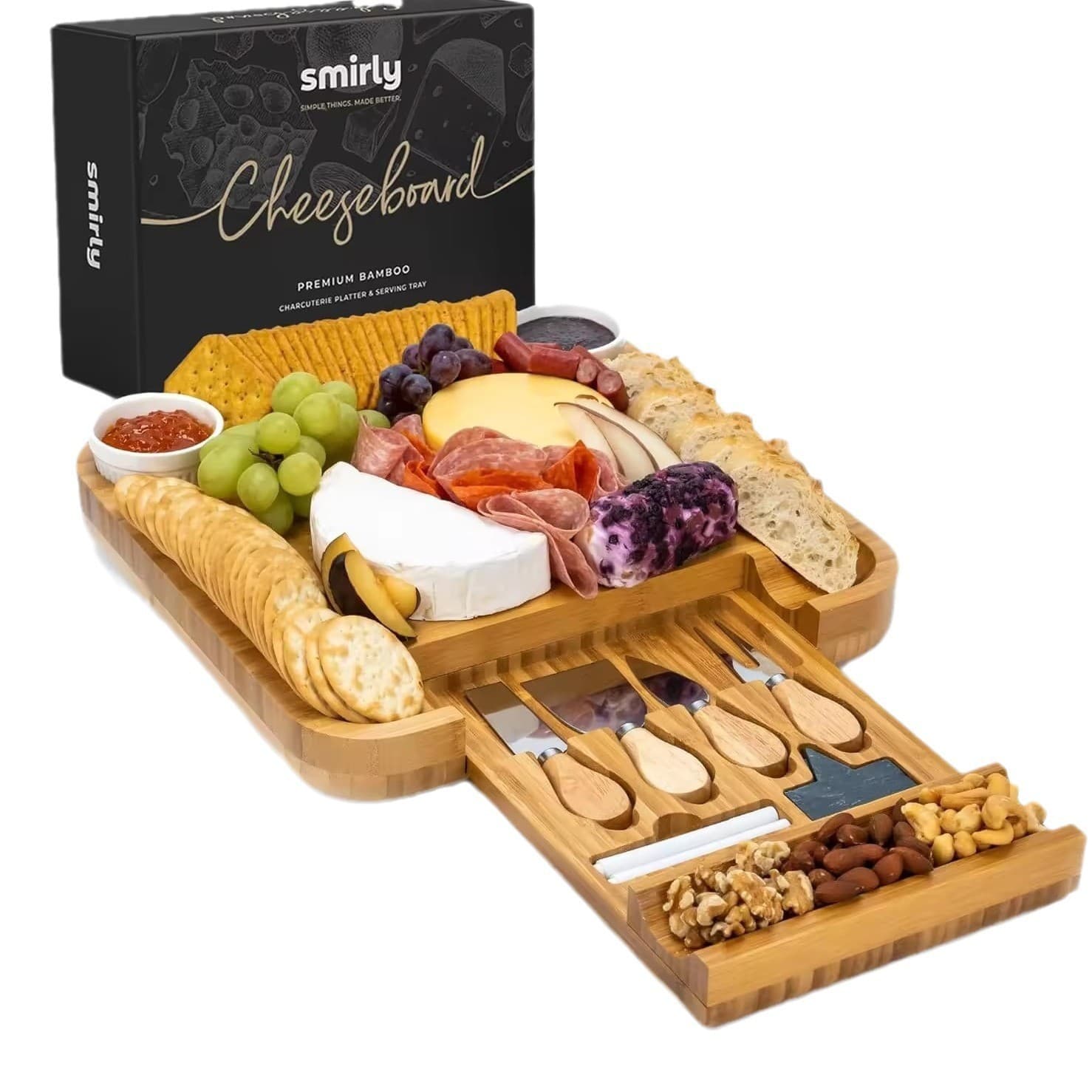 Wooden Cutting Board with Cheese Tools, Bamboo Cheese Board Multifunctional with Utensils, Charcuterie Platter
