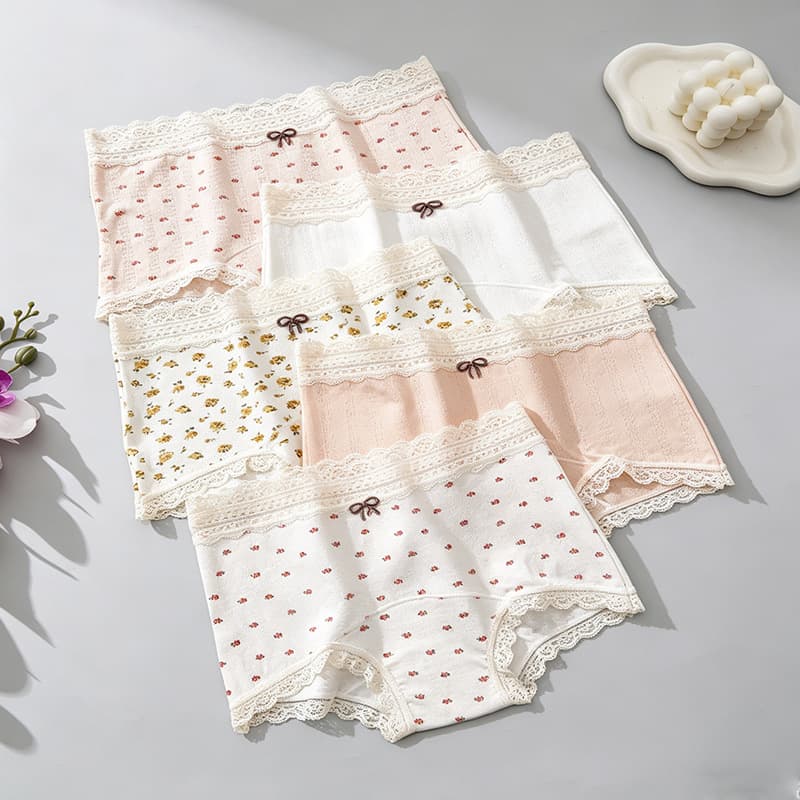 Cross-Border New Floral Pure Cotton Underwear Japanese-Style Lace Trim Briefs Comfortable Breathable Boxer Shorts for Girls