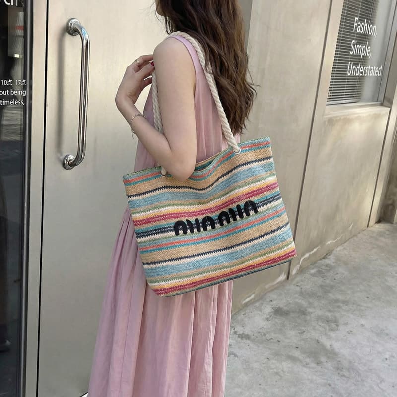 miu New Woven Letter Embroidered Handheld Tote Bag Large Capacity Commuter Shoulder Bag Striped Export Bag for Women