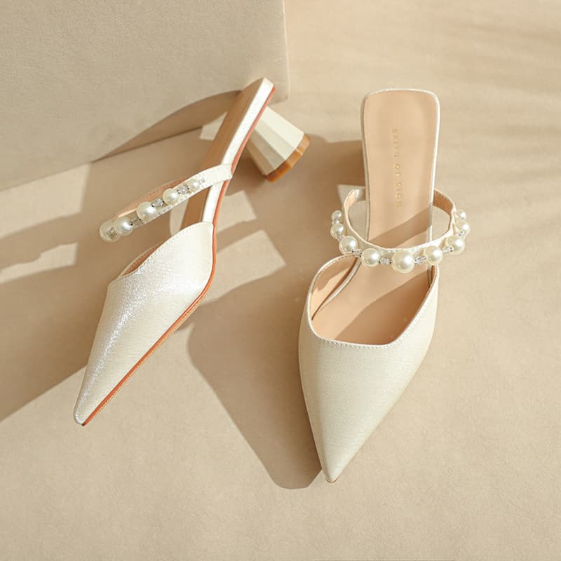 Fuhao Peep-toe Sandals Women Chunky Heel Pointed Toe Spring/Summer Sandals Front-covered Backless Satin Fashion Stylish Women's Shoes