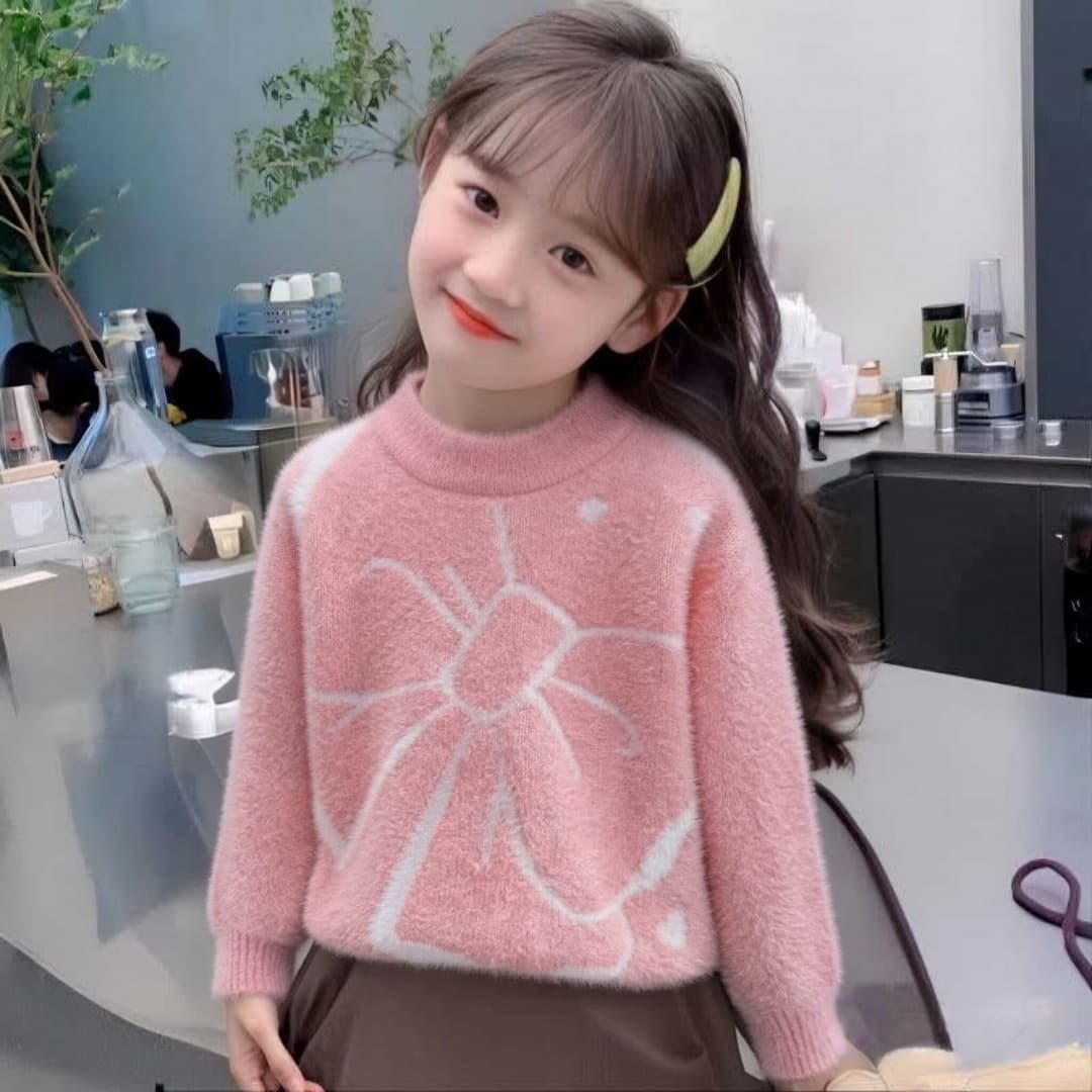 Bow Cartoon Sweet Girl's Sweater 2026 Autumn New Fashion Thick Round Neck Children's Sweater Wholesale
