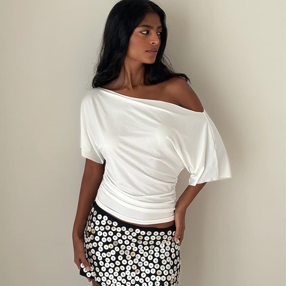 G25T077-European and American 2026 Summer Women's New Style Slant-Neck Solid Color Off-Shoulder Slim-Fit Top Hot Girl Slim-Fit Top