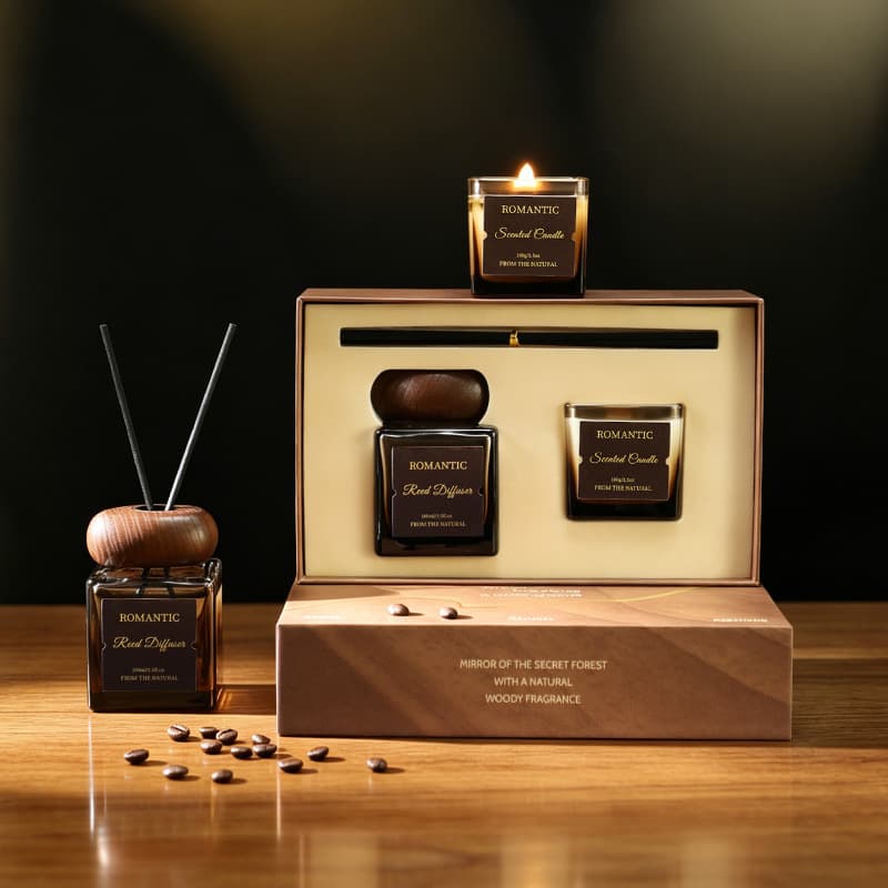 Retro Wooden Scented Candle Gift Box Coffee Aroma Essential Oil Set Handmade Soy Wax Cup Shaped Candle High-End Sensation Souvenir