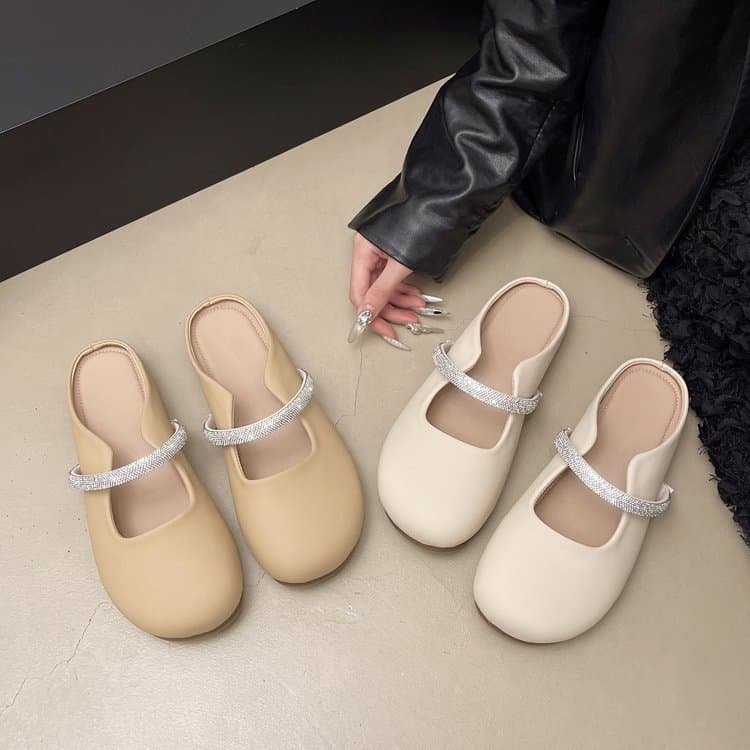 French Rhinestone Closed-Toe Mule Slippers for Women 2026 Autumn New Fairy Style Shoes to Match Dresses Beach Sandals