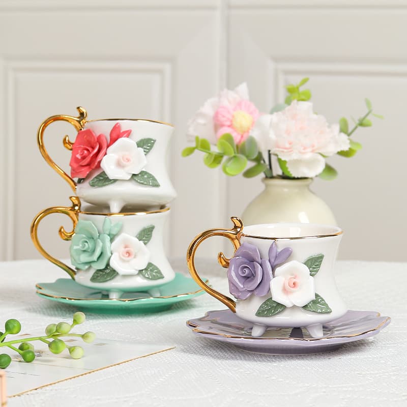Creative Ceramic Hand-Pinched Flower Coffee Cup & Saucer Set, Ceramic Floral Cup & Saucer, Export Ceramic Mini Espresso Cup & Saucer Set