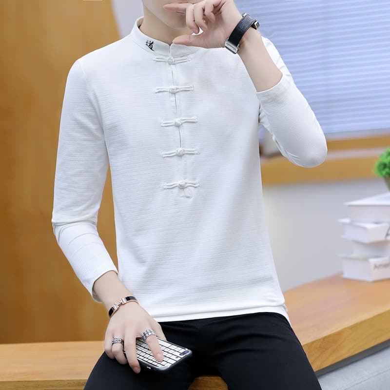Chinese Style Spring Autumn Youth Casual Ethnic Stand-Up Collar Stretch Hanfu Long Sleeve T-Shirt Cross-Border Drop Shipping AliExpress